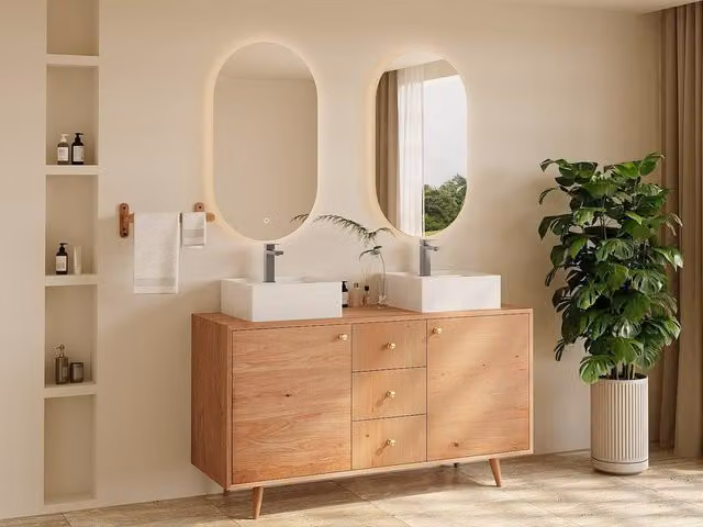 Vente-unique Solid Oak Bathroom Vanity Unit with Square Countertop Basin in Light Oak