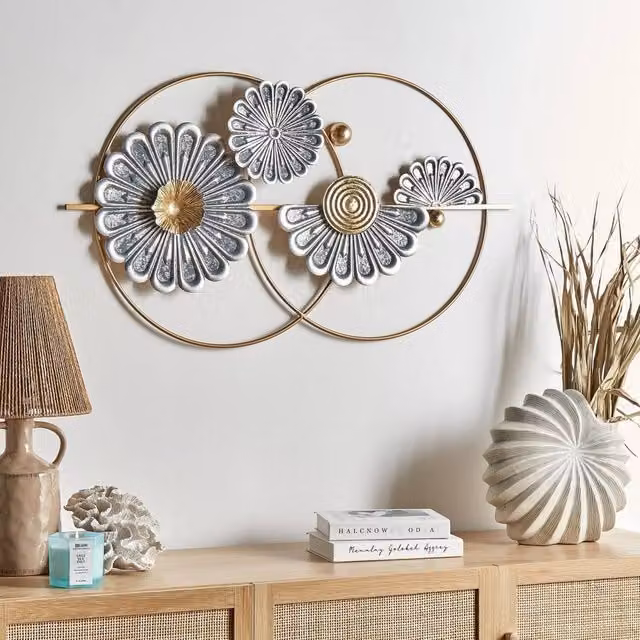Wyld and Coco Handmade Gold and Grey Metal Wall Art with Geometric Floral Design and Two Round Circles – 1