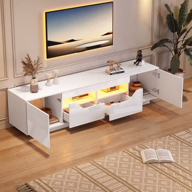 Aosom UK High-Gloss Modern TV Entertainment Centre with App-Controlled LED Lighting and Multi-Zone Storage, White, W: 180 cm, D: 40 cm, H: 45 cm – 1