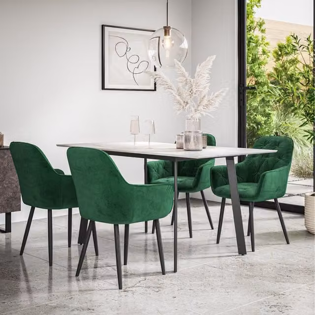 More4Homes Haydon Extending Marble Effect Dining Table Set with 4-6 Green Velvet Anika Chairs