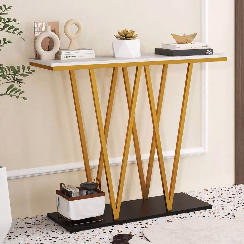 VOGREX Modern White and Gold Marble Effect Console Table for Hallways and Behind Sofas, Width: 100 cm – 2