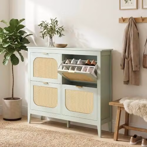 HOMCOM Boho Slim Shoe Cabinet with Rattan Doors, Holds 20 Pairs, Green, W/D/H: 105 x 24 x 95.5 cm – 3