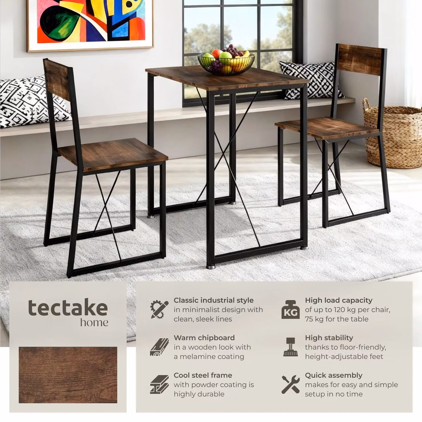 TECTAKE Margate 3-Piece Dining Table and Chairs Set in Brown and Black Industrial Style – 2