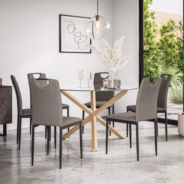 More4Homes Malvern Round Glass Dining Table Set with Oak Legs and 6 Grey Monza Faux Leather Chairs, Diameter: 120 cm, Height: 75 cm