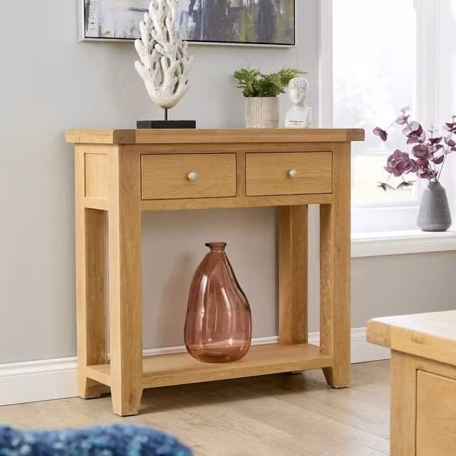 Home Source Melbourne 2 Storage Drawers Hallway Console Table with Solid Oak Top in Light Oak, W/D/H: 85 x 34 x 70 cm