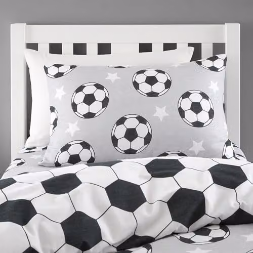 Catherine Lansfield Brushed Cotton Football Stars Reversible Double Duvet Cover Set with Pillowcases in Grey and White, W/D/H: 200 x 200 cm, Pillowcases: 50 x 75 cm – 2