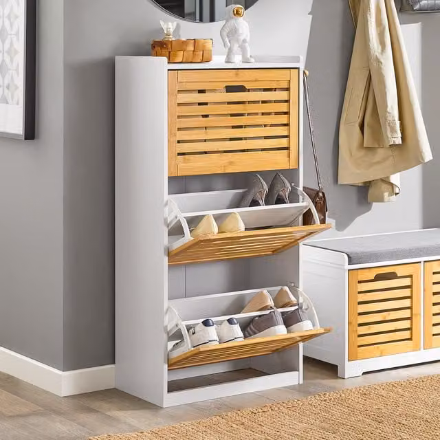 SoBuy Modern Slim Shoe Cabinet with 3 Tilting Compartments and Ventilation in White or Yellow
