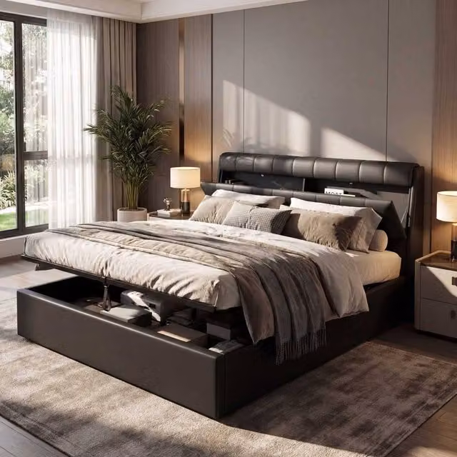 STILVORA Modern Upholstered Hydraulic Bed with Storage in Black Synthetic Leather, W/D/H: 180 x 200 cm