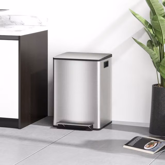 HOMCOM Double Kitchen Pedal Bin with Soft-Close Lid, 2 x 25L, Silver