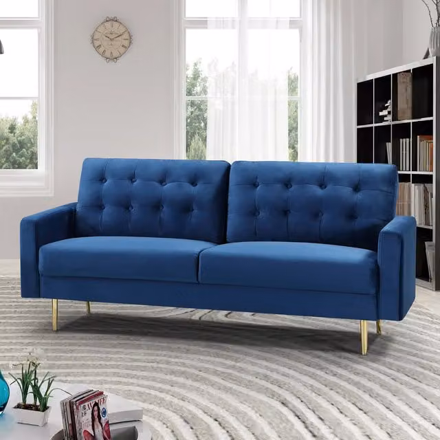 Artemis Home Emerson 3 Seat Blue Velvet Sofa with Gold Accents and Solid Wood Frame
