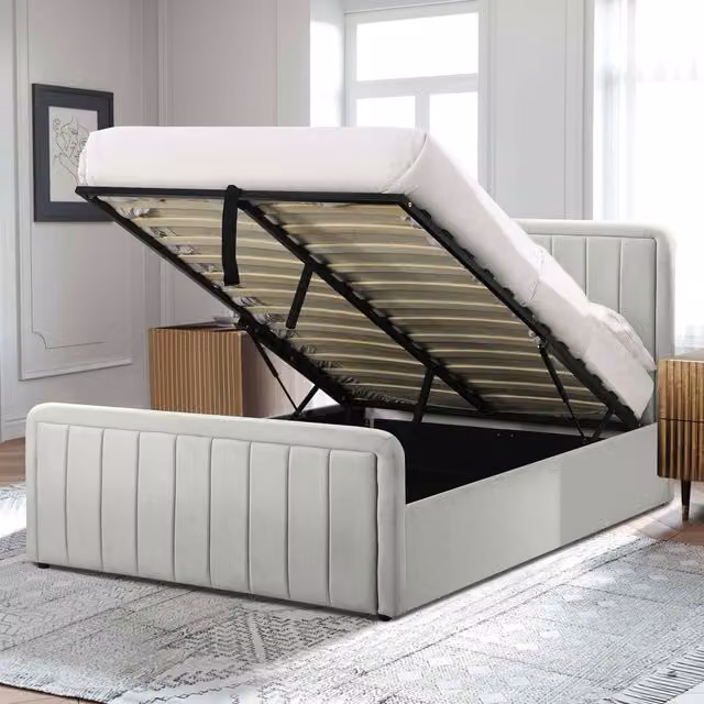 Comfy Living Modern White Velvet Upholstered Ottoman Bed Frame with Lift Up Base, W/D/H: 140 x 200 cm – 1