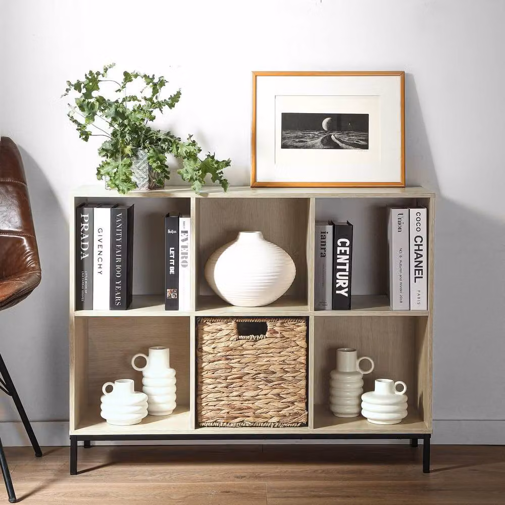 CALICOSY 6-Compartment Freestanding Storage Shelf with Metal Legs in Brown and Black, W/D/H: 72.6 x 29.5 x 29.5 cm – 2