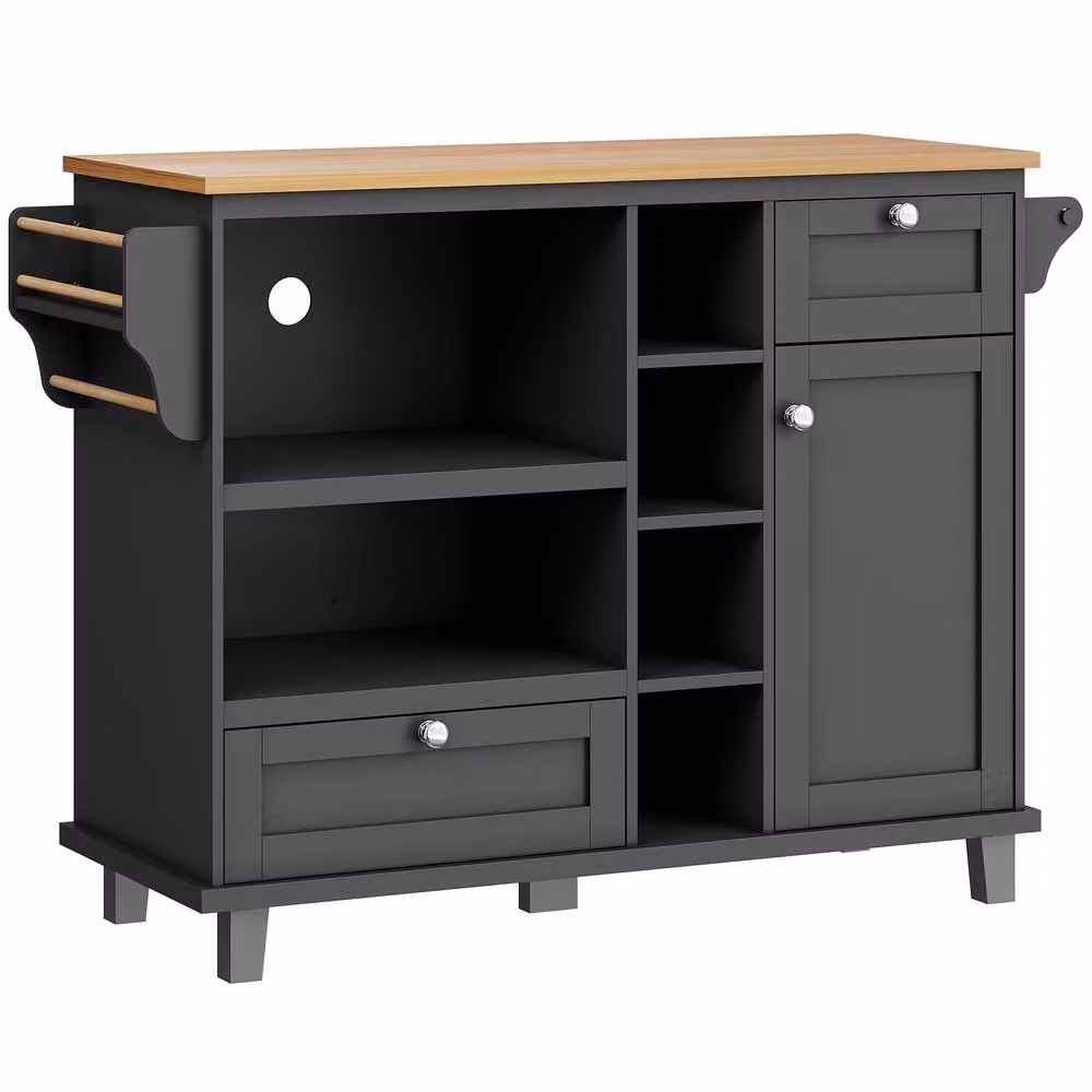 Rolipo Mobile Kitchen Island Trolley with Wood Top and Storage in Black and Brown – 6