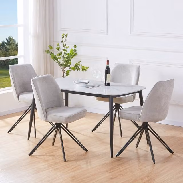 Aspen Gloss White Sintered Stone Rectangular Dining Table and 4 Light Grey Swivel Chairs