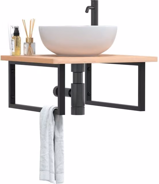 Berkfield Home Wall Mounted Basin Shelf in Brown Steel and Solid Beech Wood
