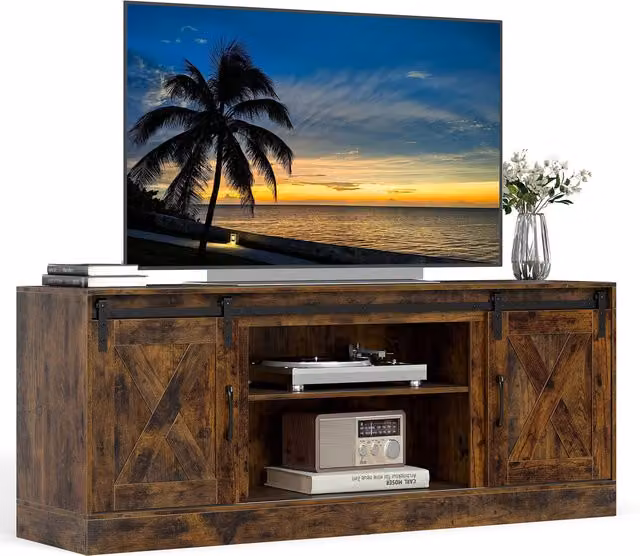 COSTWAY Rustic Brown Farmhouse TV Stand in Wood and Metal