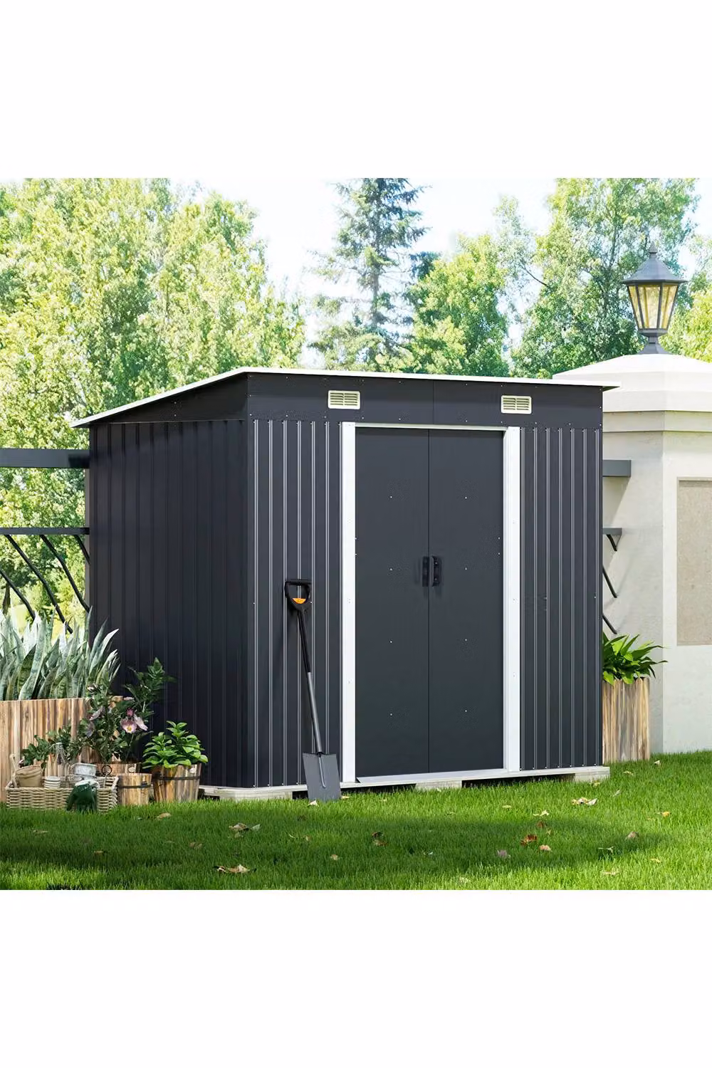 Living and Home Pent Metal Garden Shed with Lockable Double Doors and Base Frame, Black, W: 243.8 cm, D: 121.9 cm, H: 182.0 cm – 3