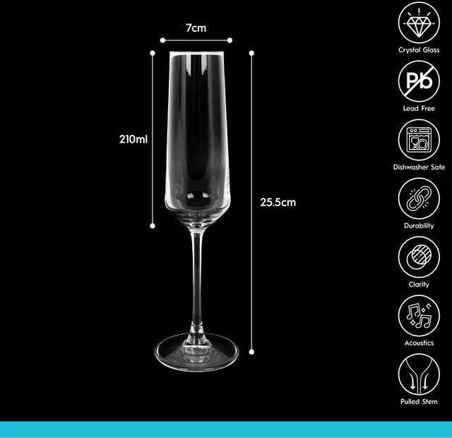 Argon Tableware Lead-Free Crystal Champagne Flutes, 210ml, Pack of 24, Transparent White