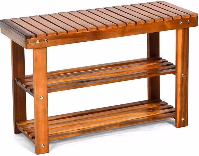 KORVIXA 3-Tier Acacia Wood and Metal Shoe Rack Bench in Brown, W/D/H: 100 x 100 x 100 cm – 1