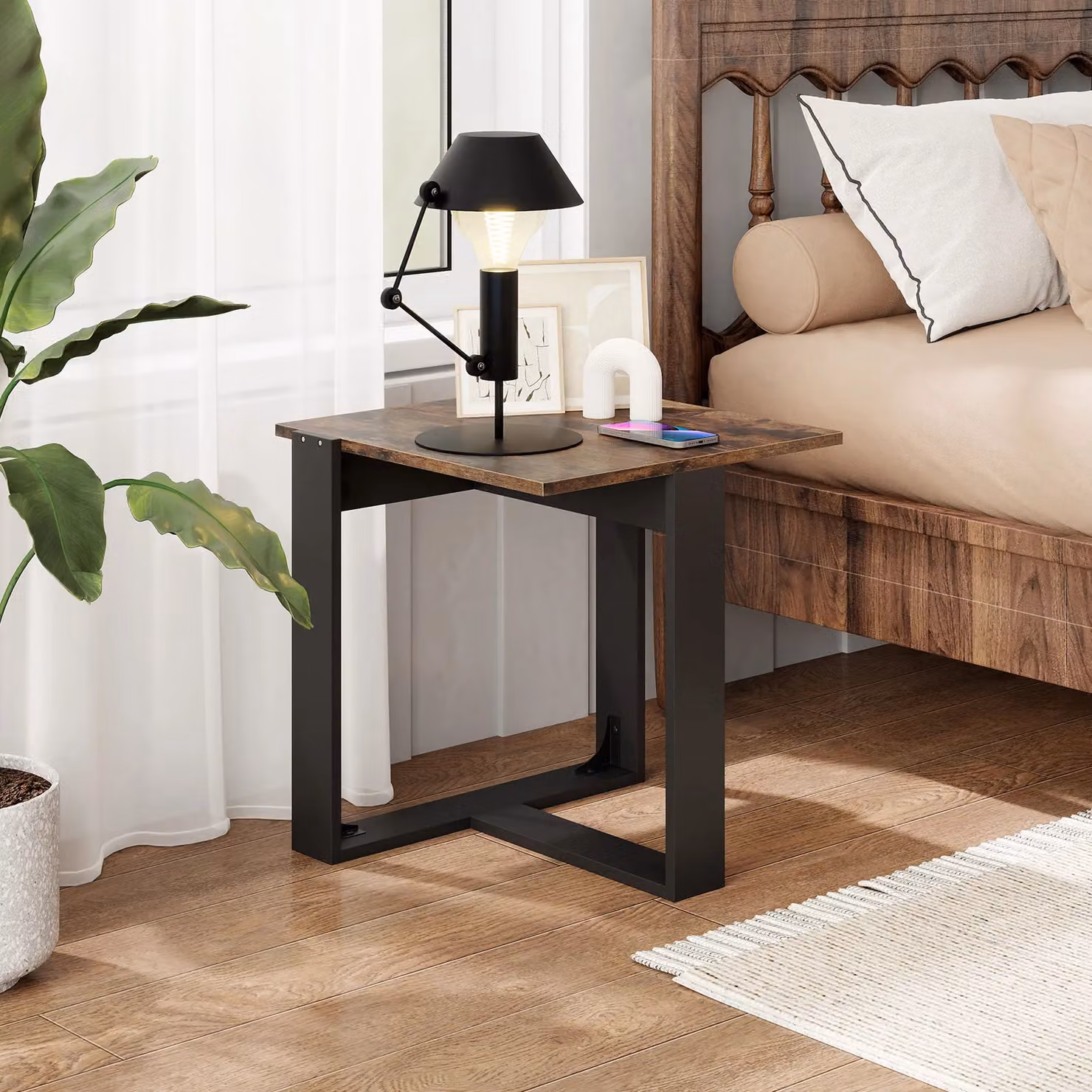 Gymax Industrial Square Side Table with T-Shaped Metal Base in Brown – 3