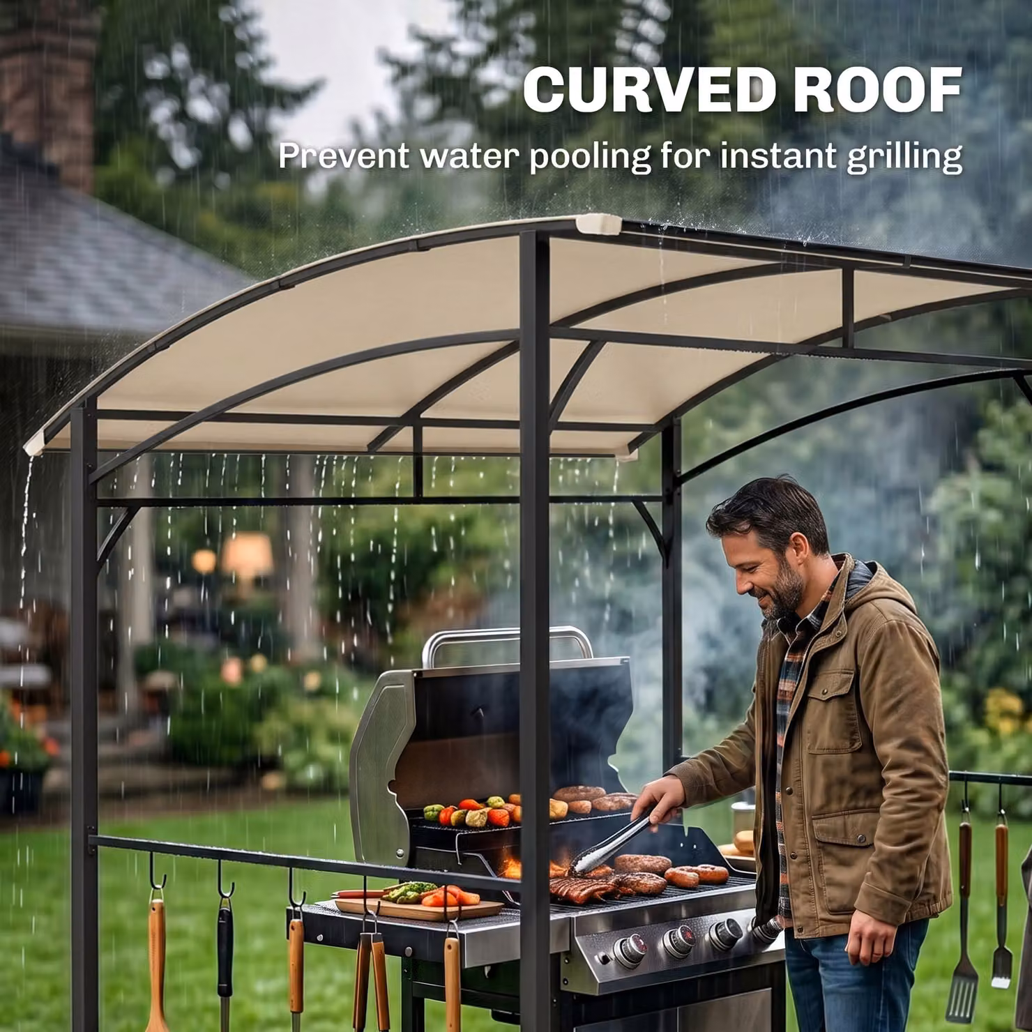 Outsunny BBQ Grill Gazebo Tent with Curved Canopy and Metal Frame, Beige, W: 220 cm, D: 150 cm, H: 215 cm – 5