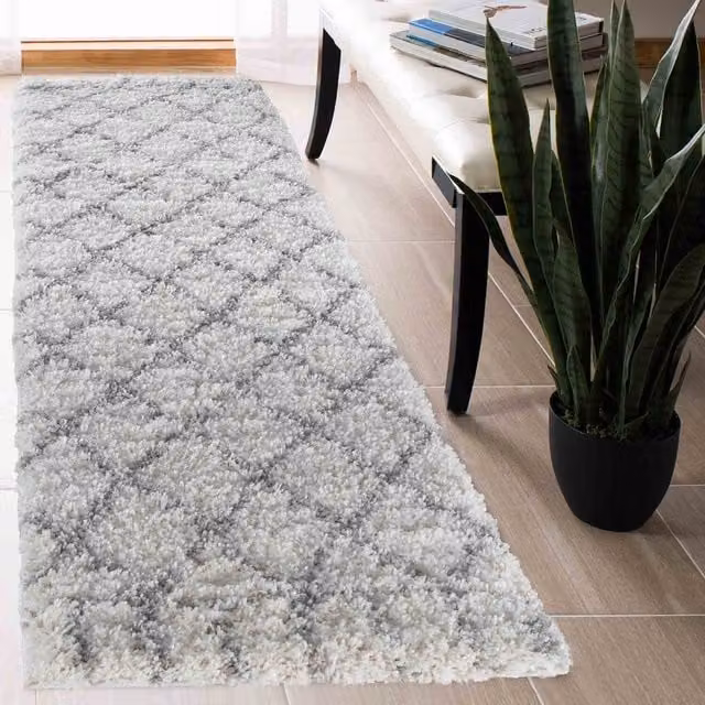 Desire Rugs Moroccan Berber Shaggy Runner with Diamond Design in Beige, White and Grey, W: 60 cm, L: 220 cm