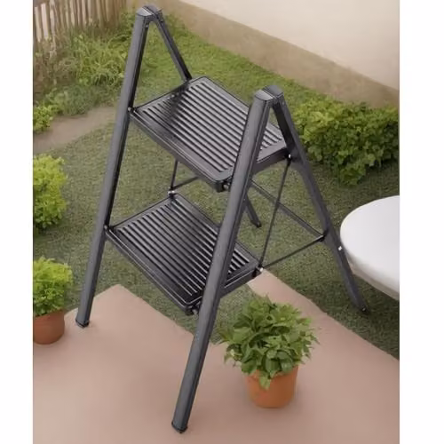 Gr8 Home Black 2 Step Foldable Steel Ladder with Non-Slip Rubber Feet – 6