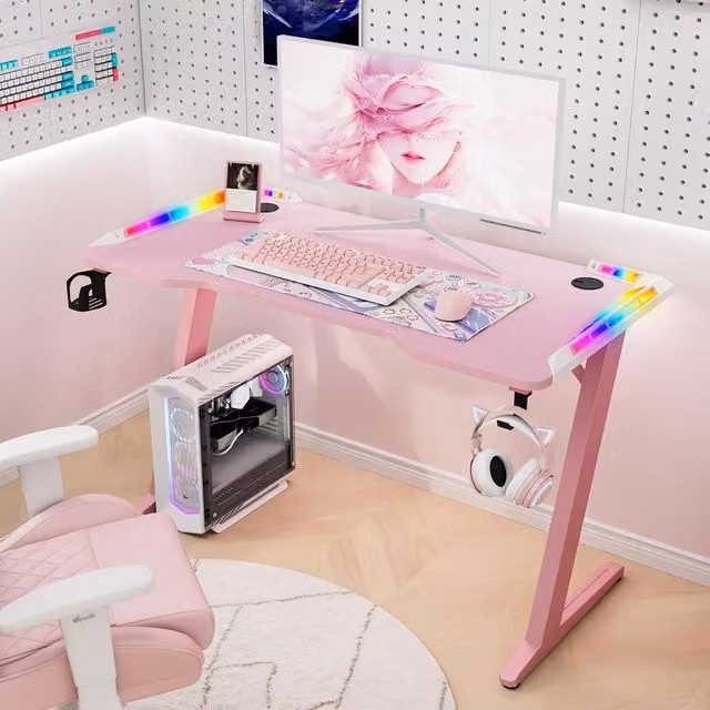 KEEPREAPER Pink Gaming Desk with LED Lights and Cup Holder, W: 155.0 cm, D: 60.1 cm, H: 44.9 cm – 1