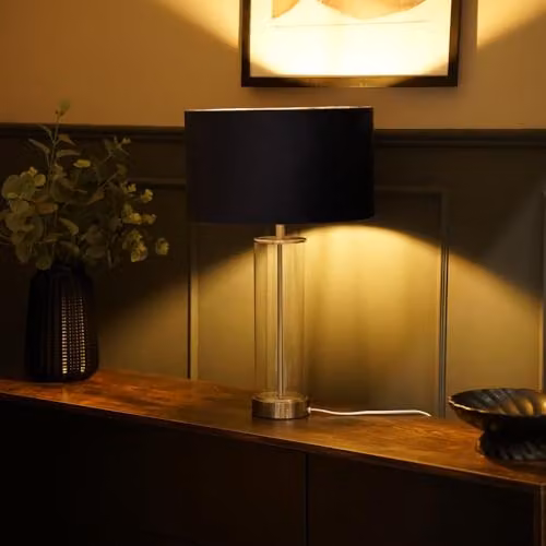 ValueLights Balan Glass and Brushed Chrome Table Lamp with Blue Fabric Drum Shade and LED Bulb – 2