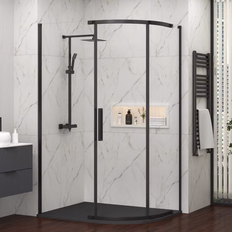 Royal Bathrooms Chelsea Single Door Offset Quadrant Shower Enclosure with Black Stone Tray, Matt Black, W: 120 cm, D: 80 cm, H: 195 cm
