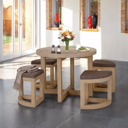 Seconique Cambourne Stowaway Oak Dining Set with Square Table and 4 Brown Stools – 1