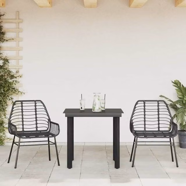Berkfield Home Beautiful 3 Piece Black Poly Rattan and Glass Garden Dining Set – 1