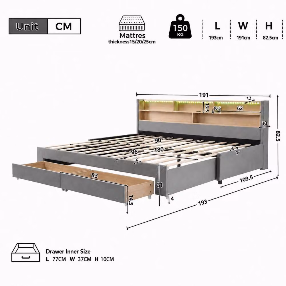 ModernLuxe Grey Velvet Upholstered Daybed with Pull Out Guest Bed, LED Storage Headboard and 2 Drawers, W/D/H: 90 x 190 x 82.5 cm – 4