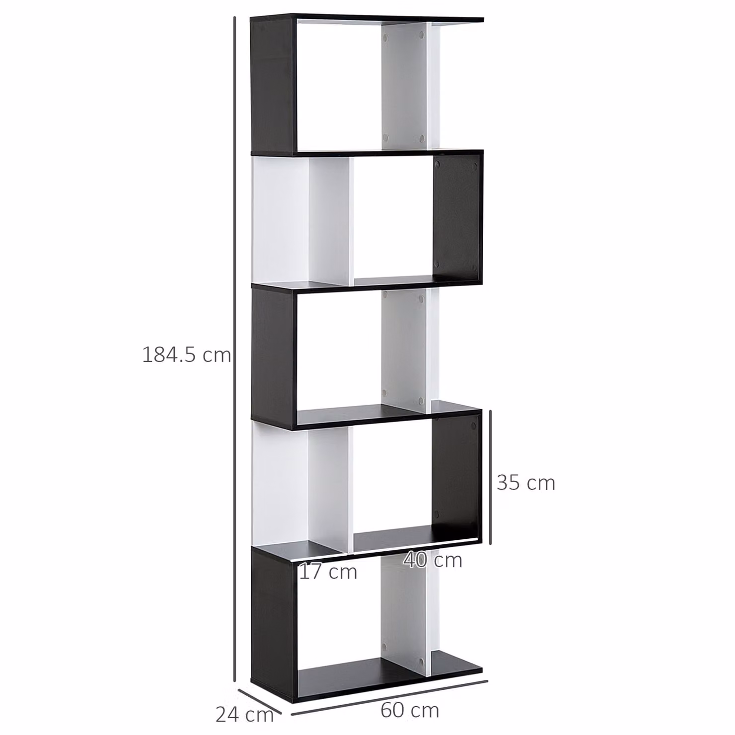 HOMCOM 5-Tier S-Shaped Wooden Bookcase and Display Shelving in Black and White, H 184.5 x W 60 x D 24 cm – 3