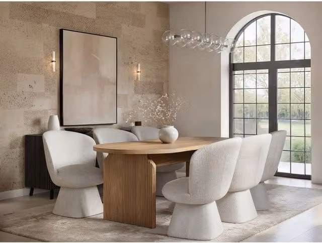 Solace+Co Varm Wooden Ribbed Dining Table and 6 Aiko Chairs Set in Brown and White