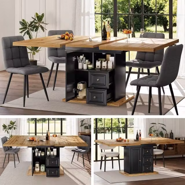 ModernLuxe Extendable Rectangular Dining Table with Storage Drawer and Doors in Black