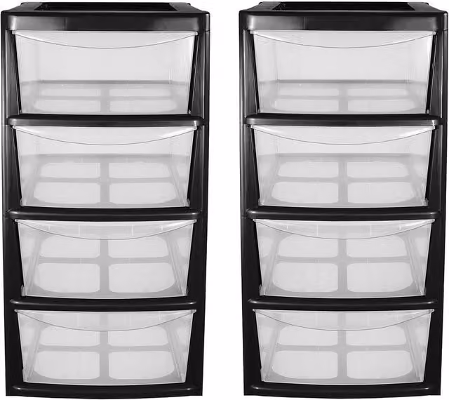 Simpa Set of 2 Mini 4 Drawer Storage Tower Units, Black, H: 40 cm