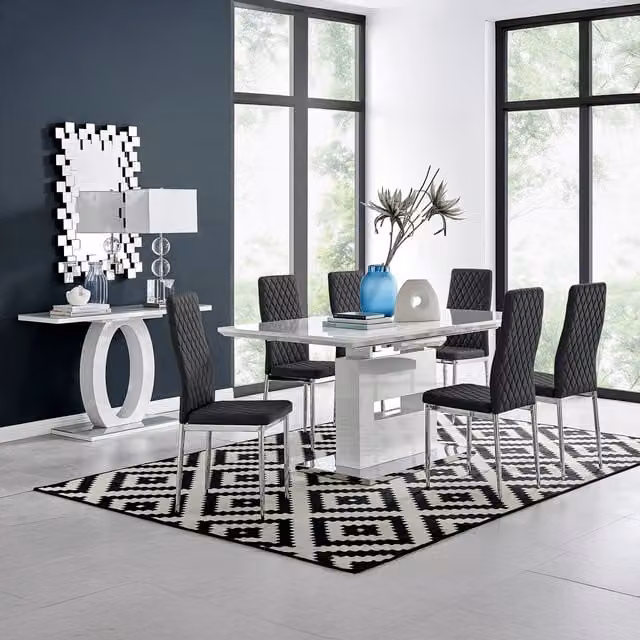 FurnitureboxUK Arezzo Large Extending Rectangular Dining Table with 6 Milan Chairs in Black and White