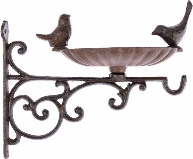 Homescapes Brown Decorative Cast Iron Bird Bath with Wall Bracket