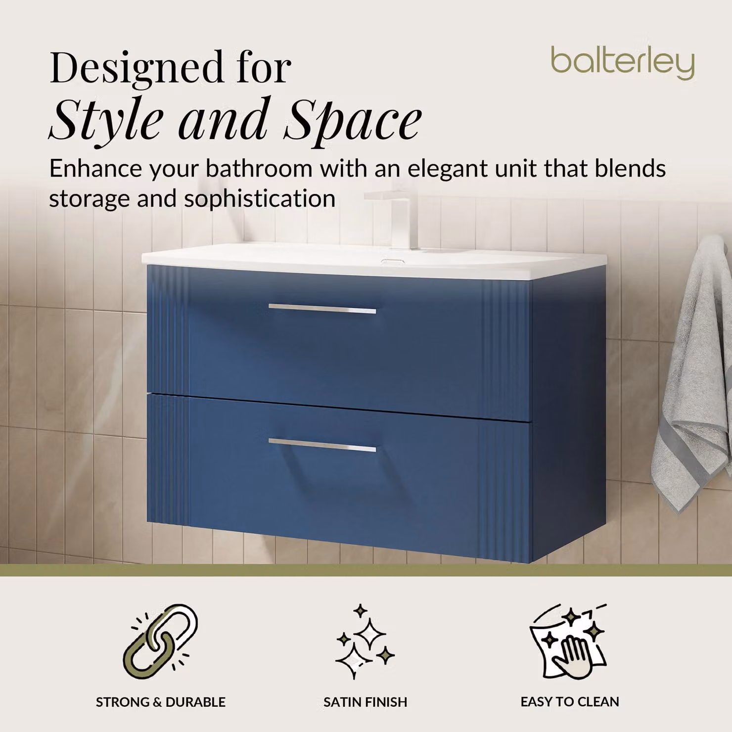 Balterley Wall Hung 2 Drawer Vanity Unit with Curved Basin, Satin Blue, Width: 80 cm – 2