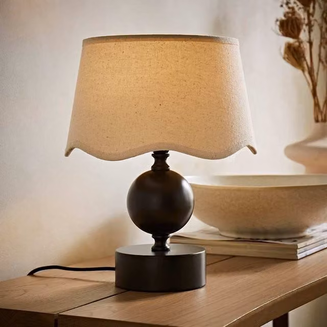 Anthony Candlestick Table Lamp with Scallop Shade in White and Beige