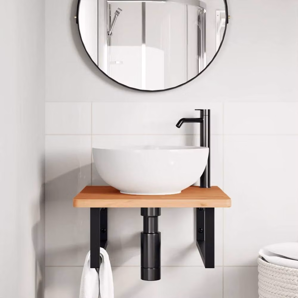 Berkfield Home Wall Mounted Basin Shelf in Brown Steel and Solid Beech Wood – 2