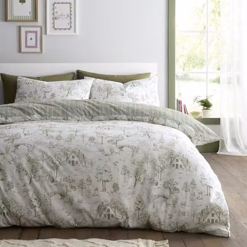 Fusion Woodland Toile Reversible Polycotton Duvet Cover and Pillowcase Set in Green, W/D/H: 140 x 200 cm