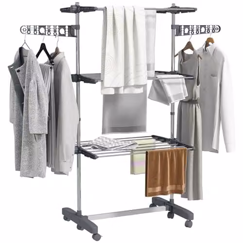HOMCOM 3-Tier Foldable Clothes Airer with Wheels in Grey, W/D/H: 55 x 142 x 152 cm – 1
