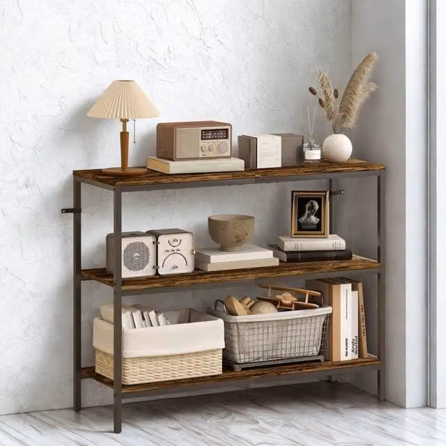 FURNOS 3 Tier Industrial Console Table in Brown and Black, W/D/H: 101 x 35 x 80 cm