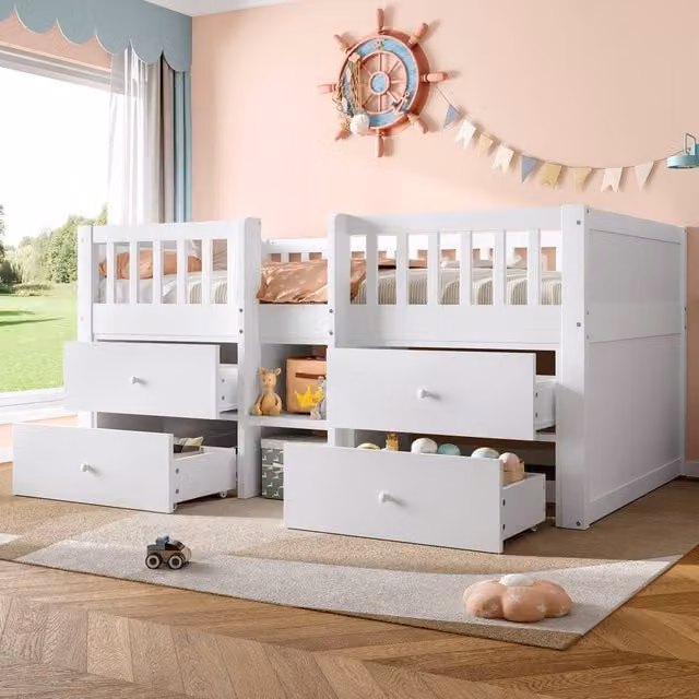 Matteo White Solid Wood Low Loft Single Bed with Storage Drawers and Stairs