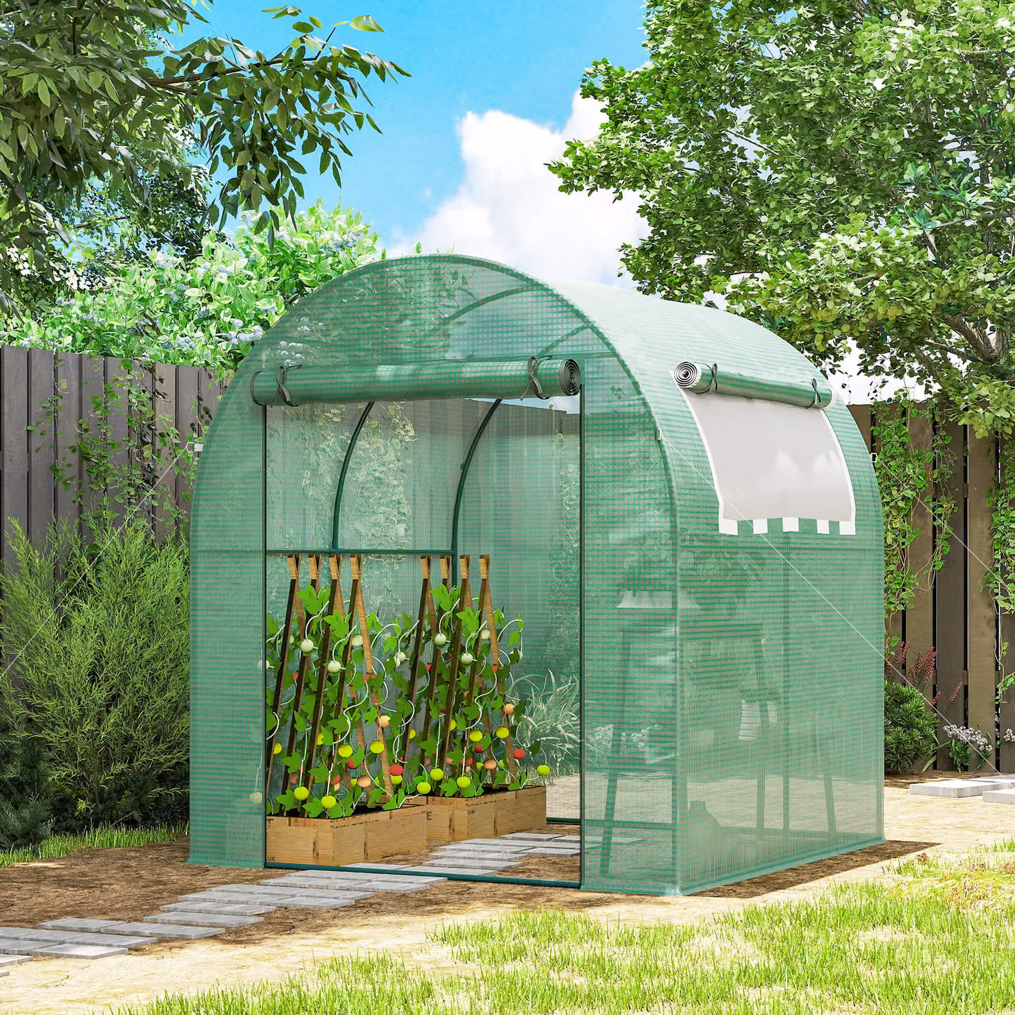 Outsunny Green Walk-in Polytunnel with Roll-up Window and Door, Green, W/D/H: 180 x 180 x 200 cm – 2