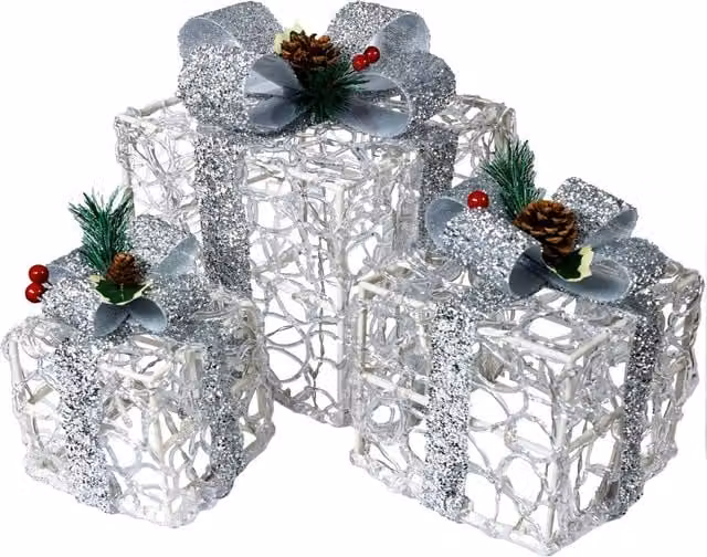 Pegdev Festive Set of 3 Silver LED Christmas Boxes, Battery Operated with Timer and 8 Light Patterns