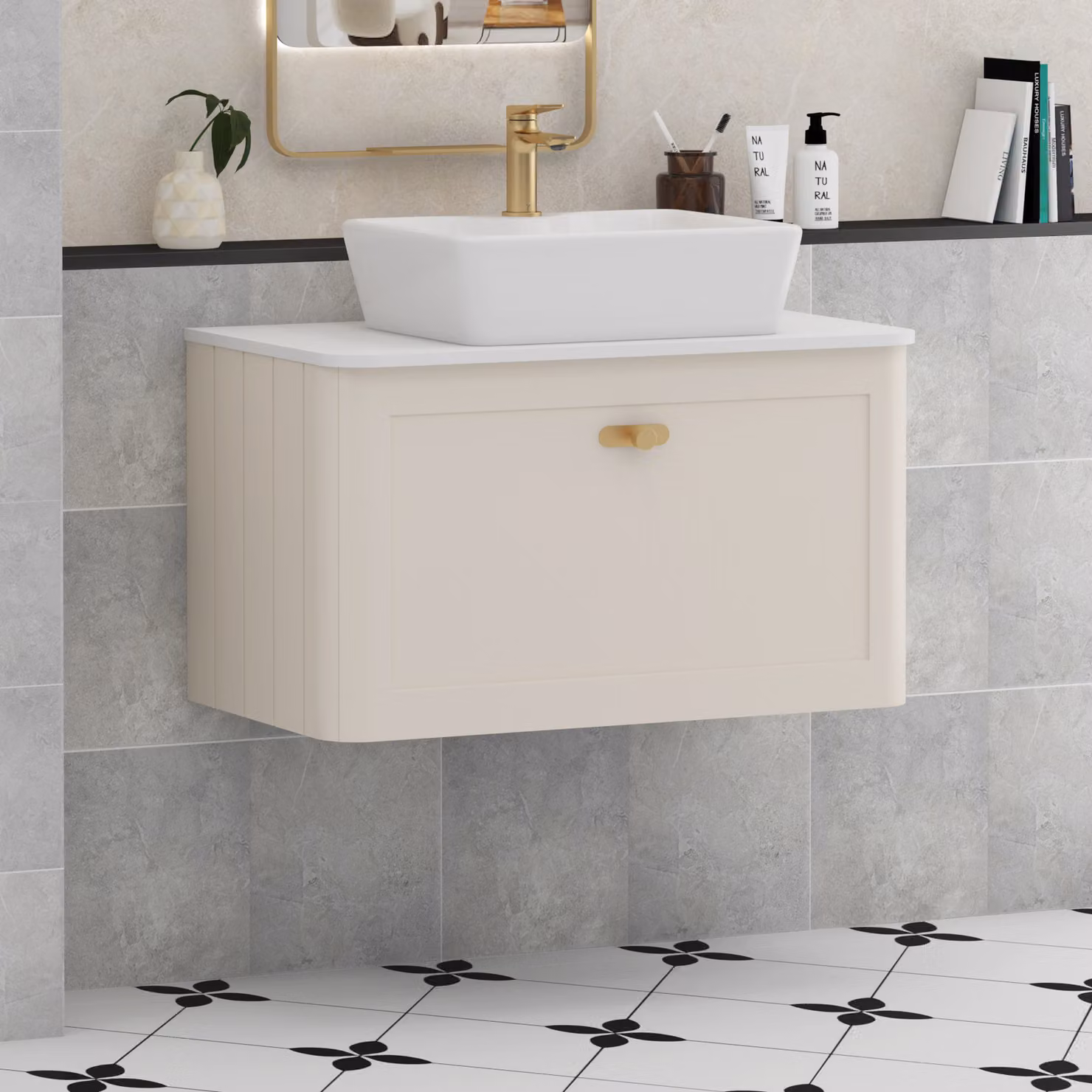 Royal Bathrooms Henley 800mm Mushroom Cashmere Wall Hung Vanity Unit with 1 Drawer, Plain White Worktop, Cube Basin and Brushed Brass Knob
