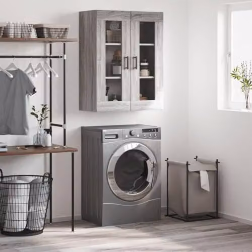 vidaXL Modern Wall Mounted Cabinet with Glass Doors in Grey, W/D/H: 69.5 x 34 x 90 cm – 2